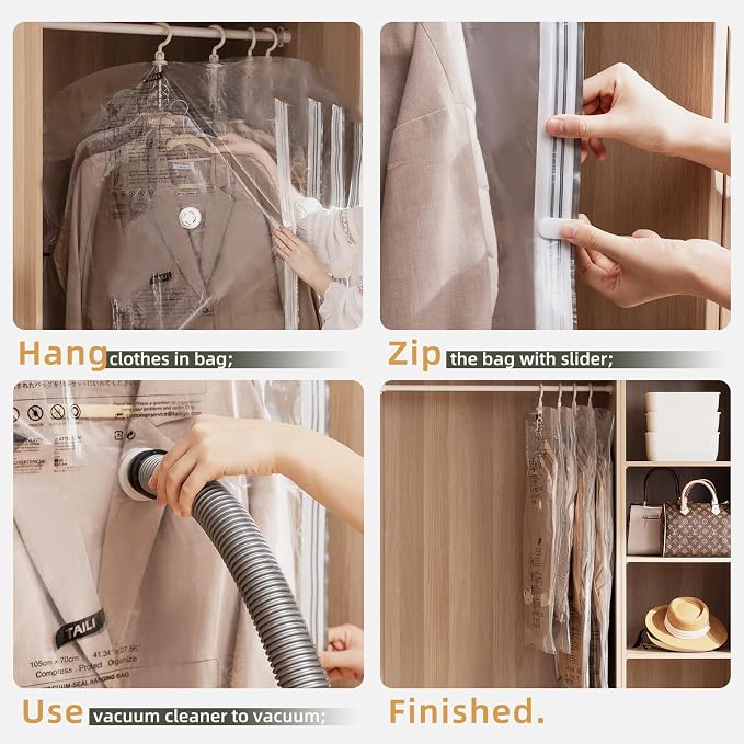 TAILI Hanging Vacuum Storage Bags Space Saver Bags, Vacuum Sealer Bags for Clothing, Suits and Jackets, Closet Organizers and Storage, (3 Long, 3 Short) Clear - Image 4