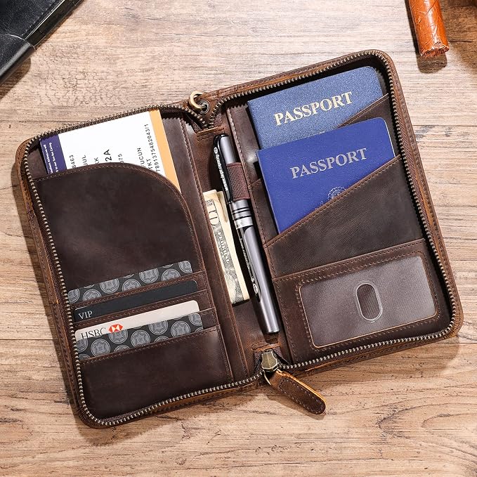 Polare Full Grain Leather Passport Holder With YKK Zipper RFID Blocking Travel Document Organizer Ticket Holder Cover Case Holds 2 Passports (Dark Brown) - Image 3