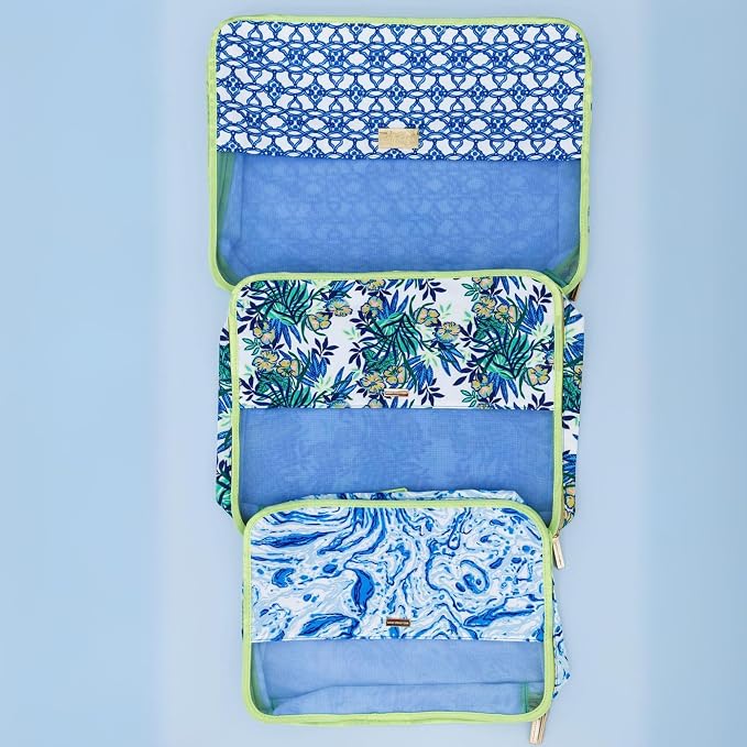 Lilly Pulitzer Packing Cubes Set of 3, Blue and Green Prints | Resort Ready Polyester & Mesh Suitcase Luggage Organizers in 3 Sizes with Zipper Closures, Trim, & Handles for Travel - Image 8