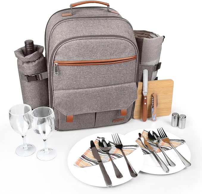Sunflora Insulated Picnic Backpack for 2 Person Bag with Cooler Compartment, Blanket and Stainless Steel Cutlery Set for Couple, Lovers and Friends (Brush Beige) by Sunflora