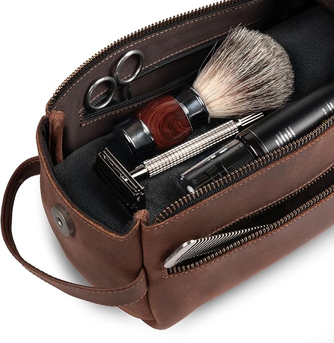 Hide & Drink, Toiletry Bag w/Handles, Hygiene Organizer, Travel Dopp, Razor Case, Bathroom, Shaving, Cosmetic Storage, Travel & Grooming Essentials, Full Grain Leather, Handmade, Bourbon Brown - Image 2