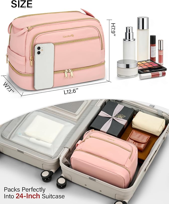 Hanke Travel Toiletry Bag, Lightweight Wide-open Makeup Bag, Dual-Layer Travel Bag for Toiletries Water-Resistant Cosmetic Bags Large Toiletry Bags for Women & Men, Travel Essentials, Pink - Image 7