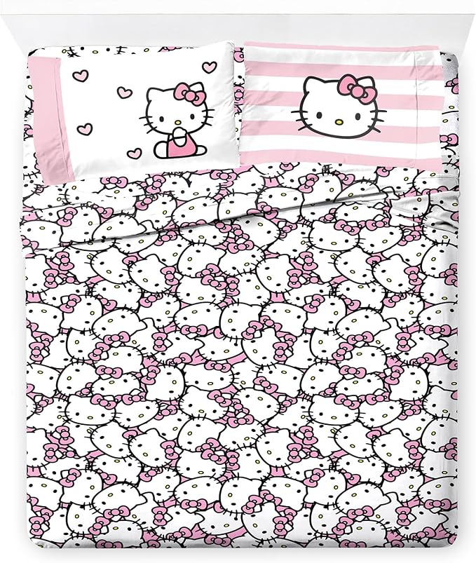 Jay Franco Sheet Set with Fitted, Flat Sheets & Pillow Cover - Ultra-Soft Bedding with Pillowcase for Room Decor, Multi - Hello Kitty, 4 Piece Full by JayFranco