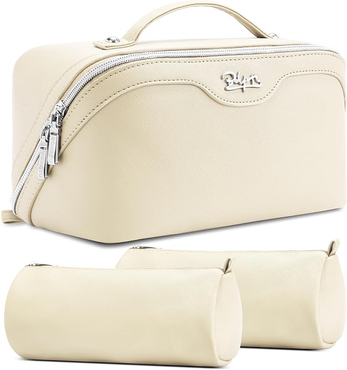 BOYATU Travel Makeup Bag Organizer Cosmetic Bag: 3 Pcs Set Make up Bags for Women with Handle - Waterproof Vegan Leather Toiletry Bags Travel Essentials Pouch with Compartments (C-04-White) by BOYATU