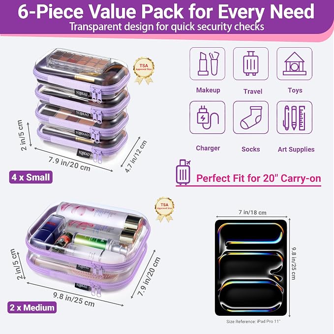 6 Pack Purple Clear Hard Shell Beauty Organizer (2M+4S), 1.2mm Heavy Duty Crush-Proof Cosmetic Case, Reinforced YKK Zippers, Stadium Approved Security Bag for Skincare & Electronics, Multi-Size Set - Image 4