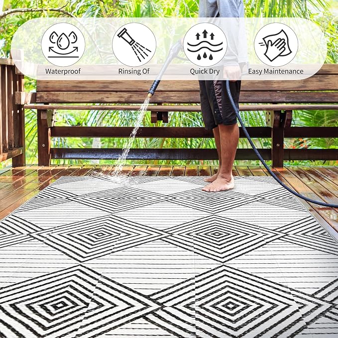 Waterproof Outdoor Rug 5x8ft, Foldable Reversible Plastic Straw Mat for Patio RV Deck Porch Backyard Balcony Camping Picnic Beach Indoor Outdoor Carpet, Black&White - Image 3