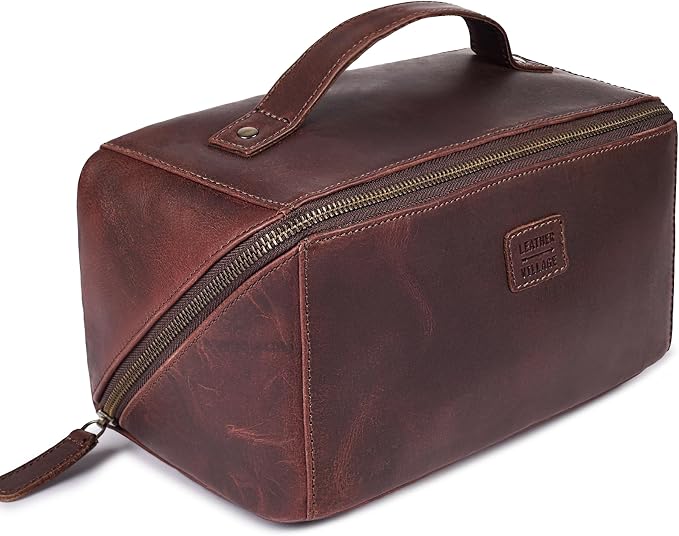 LEATHER VILLAGE Genuine Leather Travel Dopp Kit for Men & Women – Open Flat Large Capacity Cosmetic Bag with Water-Resistant Lining – Skin Care, Brushes, Shaving & Bathroom Essentials Organizer-Cherry by LeatherVillage