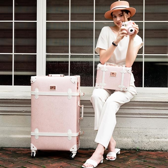 urecity 26" Vintage Luggage Set, 2 Piece Elegant Pink Retro Checked Suitcase with Cosmetic Case, Luxury Vegan Leather Aluminum Frame Spinner Trunk for Women (with Protective Clear Cover) - Image 9