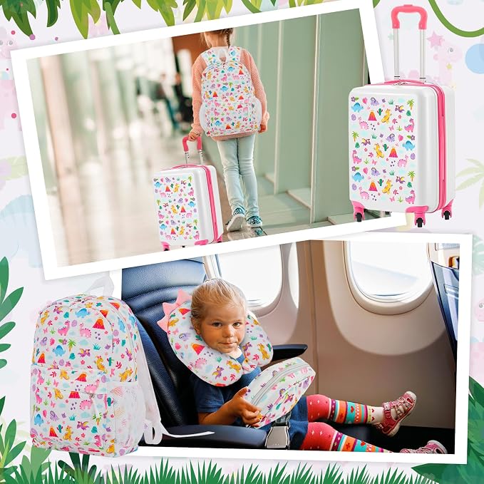 Redbaker 6 Pcs Kids Luggage Set, 17 Inch Rolling Suitcase with Backpack Lunch Bag Neck Pillow, Pink Dinosaur Travel Set for Summer Vacation Sleepover Back to School Gift - Image 6