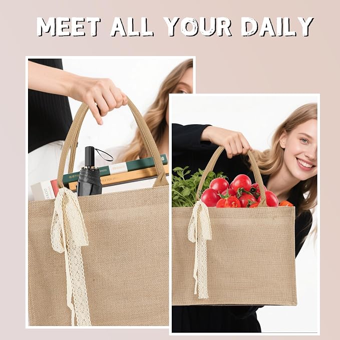 Burlap Tote Bag Set with Ribbon, Reusable Blank Water Resistant Grocery Bags - Image 6