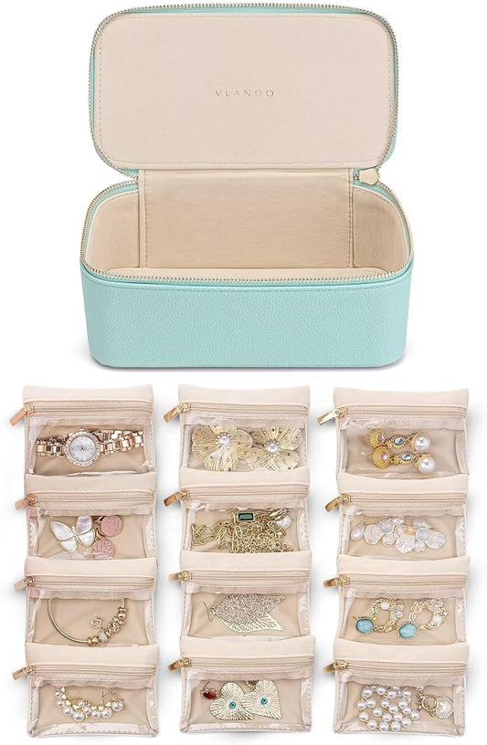 VLANDO Jewelry Travel Case,Travel Jewelry Organizer with Clear Velvet Jewelry Bags 12Pcs Zipper Pouch for Women Girl Trendy Stuff Gift-Lake Blue by VLANDO