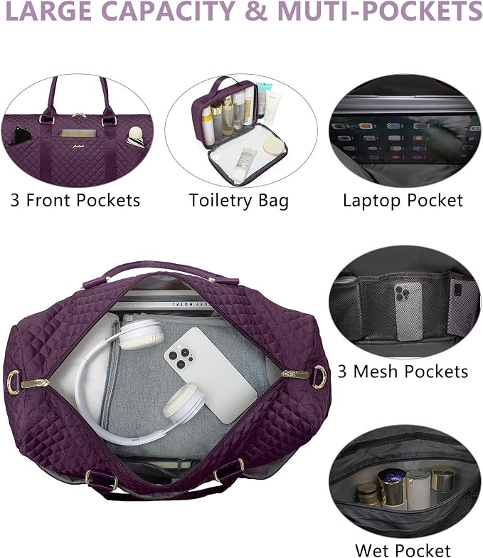 Women Weekender Travel Duffle Bag: Travel Duffel Overnight Bags with Shoe Compartment Large Carry on Tote with Toiletry Bag Weekend Traveling Yoga Gym Hospital Bag for Women with Wet Pocket Purple - Image 3