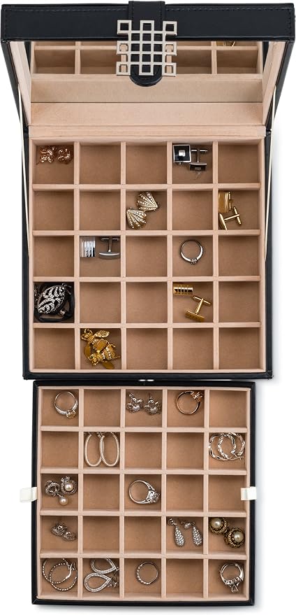 Glenor Co Earring Organizer - Classic 50 Section Jewelry Box/Case/Holder for Earrings, Rings, Necklaces, Jewelry, Cufflinks or Collections -2 Layer Small Compartments with Large Mirror - Black - Image 3