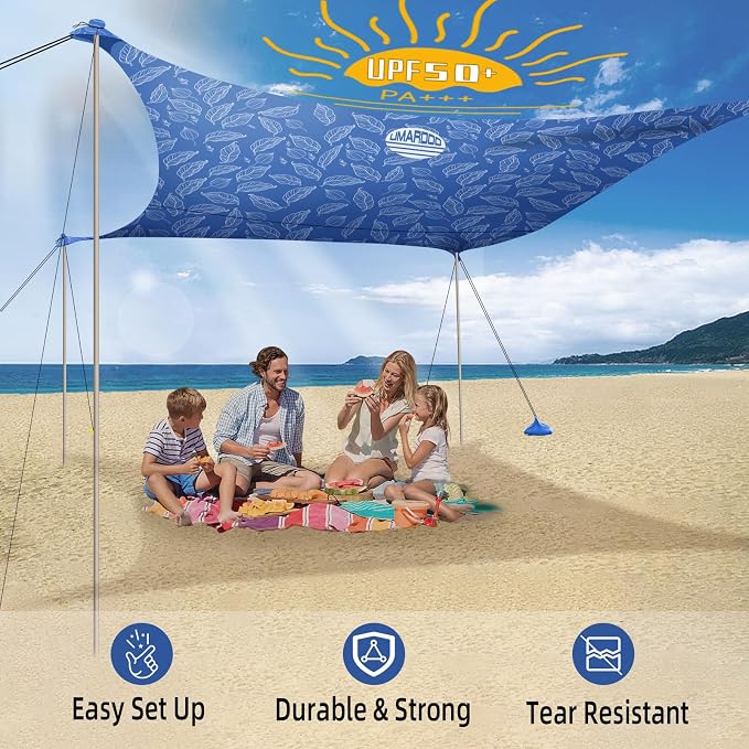 UMARDOO Family Beach Tent Canopy Sun Shade Portable, Large Compact Beach Sun Shelter Easy Setup with Packable Bag for Outdoor Travel (Printed Blue, 10X10 FT. 4Poles) - Image 4