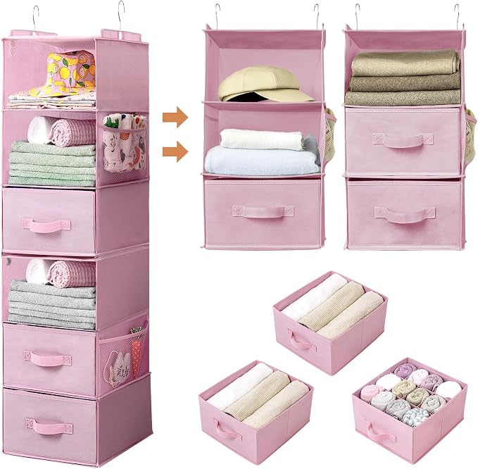 GRANNY SAYS Hanging Closet Organizer 6-Shelf, Separable to 2 Pack 3-Shelf Closet Storage Organizer with 4 Side Pockets, 3 Different Drawers, Portable Hanging Shelves for Baby Clothes, Sweater, Pink by GRANNYSAYS