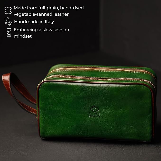 Time Resistance Leather Cosmetic Bag - Italian Toiletry Dopp Kit (Green) - Image 4