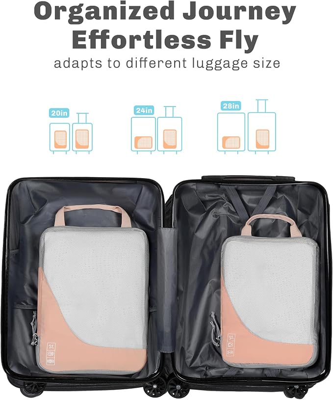 Hynes Eagle 6 Set/ 4 Set/ 2 Set Compression Packing Cubes Travel Essentials Lightweight Nylon Luggage Suitcase Organizer Bag Light Pink 2PCS - Image 3