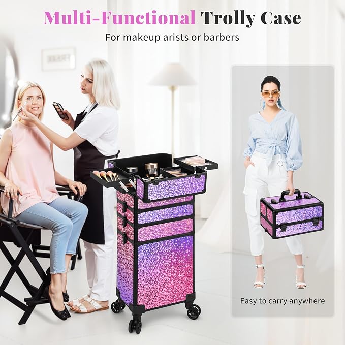 Rolling Makeup Train Case with Lid Cosmetology Case on Wheels | 5 in 1 Large Cosmetic Trolley Organizer Travel for Hairstylist Artist Nail Beauty Salon Barber Cart Trunk, Gravel Pink - Image 7