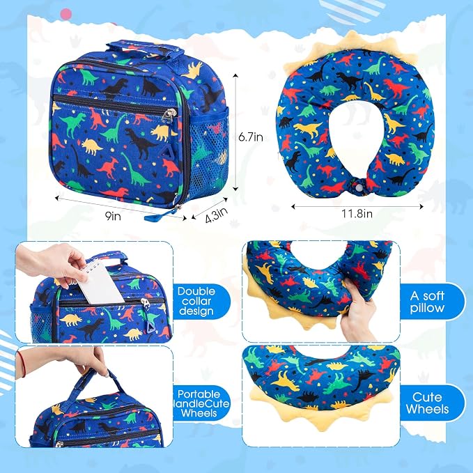 Redbaker 6 Pcs Kids Luggage Set, 17 Inch Rolling Suitcase with Backpack Lunch Bag Neck Pillow, Blue Dinosaur Travel Set for Summer Vacation Sleepover Back to School Gift - Image 6
