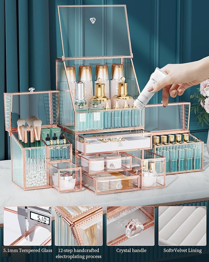 Youdepot Large Makeup Organizer, Glass Cosmetic Storage with Drawers, Stackable Makeup and Jewelry Organizer for Vanity Table, Bathroom Countertop, Skincare, Lipsticks, Perfume, Brushes - Image 5