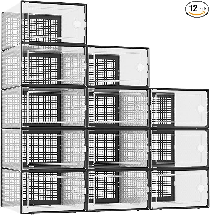 Kuject XX-Large Shoe Storage Boxes Organizers Clear Plastic Stackable 12 Pack, Shoe Rack & Holder Substitute, Sneaker Containers, Shoe Storage Organizer Bins for Closet, Under Bed, Black(No Fold Line) by Kuject