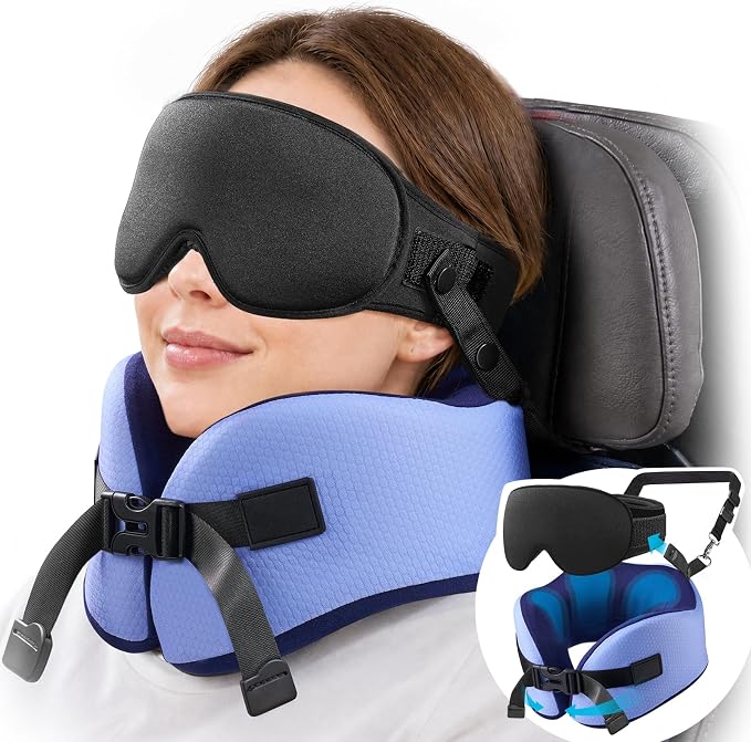 YFONG Travel Pillow for Long Flights, Patented 360° Ergonomic Sleeper Hold Head Support System with Memory Foam Neck Pillow & 3D Sleep Mask, Prevent Head Bobbing for Airplane & Road Trip, Blue by YFONG
