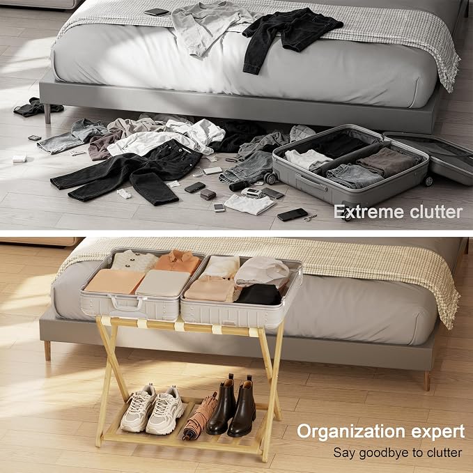 Fully Assembled Luggage Rack Set of 2 for Guest Room, Bamboo Suitcase Stand with Foldable Storage Shelf, Crossed Nylon Straps Folding Luggage Holder for Bedroom and Hotel, Natural - Image 8
