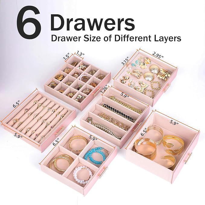 BOOVO Clear Lid Jewelry Box,6 Layers Jewelry Organizer Large Jewelry Storage Box with 6 Drawers,Jewelry Holder Organzier of Rings Earrings Necklace Bracelets for Women (Rose Gold, 6 Layer) - Image 4