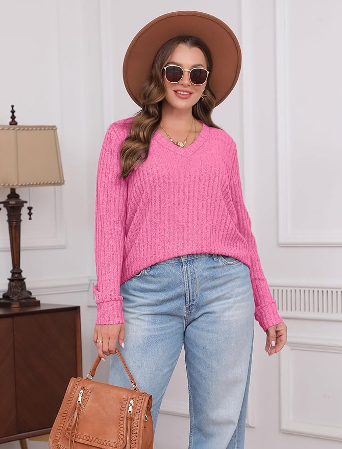 Sampeel V Neck Long Sleeve Shirts for Women Casual Fall Tops Lightweight Tunic Sweaters Fashion Clothes Loose Fit 2025