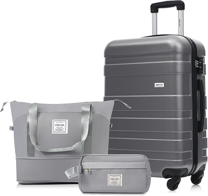 24 Inch Checked Suitcase with TSA Lock Travel Duffel Bag Wet-Dry Toiletry Bag, Grey by Merax