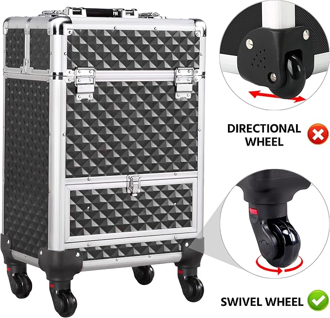 Yaheetech Rolling Makeup Train Case with a Drawer Nail Trolley Black/Silver | Sturdy ABS & aluminum nail cart organizes beauty supplies in side trays and a drawer, rolls smoothly & lockable for travel - Image 4