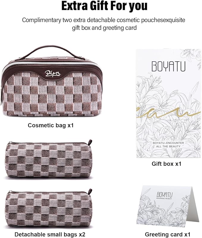 BOYATU Travel Makeup Bag for Women: Large Cosmetic Bag Set of 3 - PU Leather Make up Bag with Compartments - Compact Waterproof Toiletry Bag with Divider & Handle (D-3-Brown) - Image 5