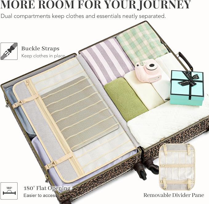 urecity Vintage Suitcase Set for Women, Vintage Luggage Sets for Women 2 Piece, Cute Designer Trunk Luggage, Retro Suit Case, Luggage Zipperless TSA Approved (Leopard, 26"+12") - Image 3