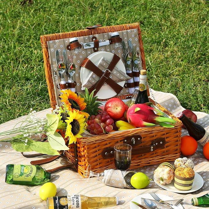 Picnic Basket Set for 4 with Waterproof Blanket Mat Insulation Bag Wicker Floral Brown Classic Fresh for Christmas Thanksgiving Wedding Birthday Camp Outdoor Beach Travel - Image 2