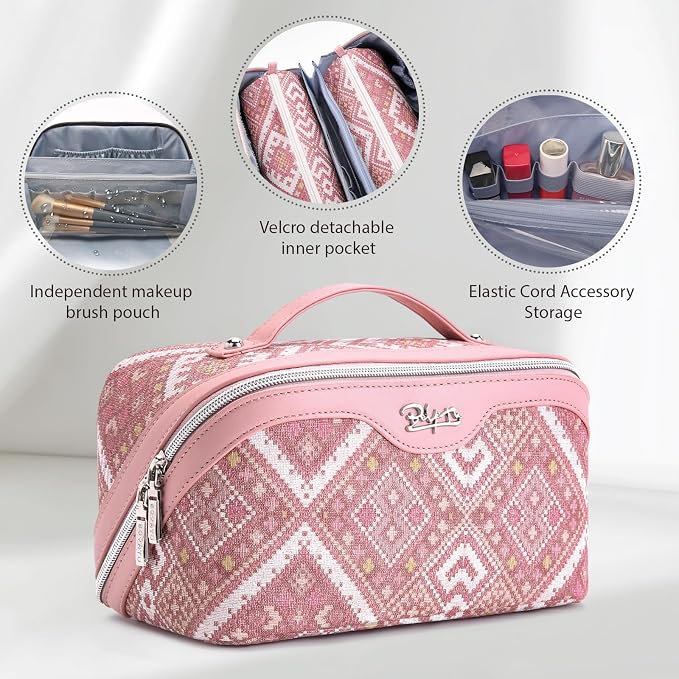 BOYATU Travel Makeup Bag Organizer: Boho Large Capacity Cosmetic Bag Sets | 3Pcs Waterproof Leather Toiletry Bags | 180°Open Flat Make up Case with Compartments | Western Travel Essentials for Women - Image 4