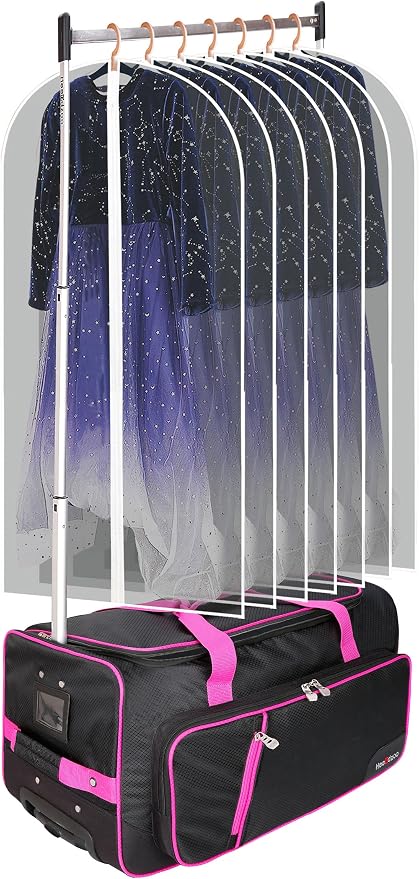 Dance Bag With Garment Rack,23inch Dance Competition Garment Bags with Clothes rack,Suitcase,Rolling duffle For Travel, Wheeled Drop-Bottom Upright Luggage Closet Suitcase (Pink by Heendzoo