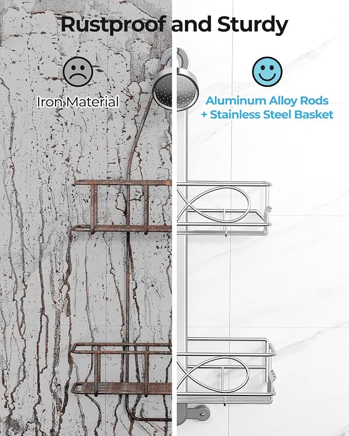 ODesign 2 Tier Aluminum Shower Caddy Rustproof Hanging Adjustable Silver | Shower organizer hanging,no drilling required,comes with removable hook and storage box, suitable for indoor showers - Image 5
