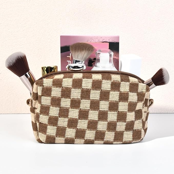 SOIDRAM Checkered Makeup Bag Preppy Cosmetic Bag Bulk Brown Makeup Pouch Personalize Travel Toiletry Bag Organizer Cute DIY Makeup Brushes Storage Bag for Women - Image 7