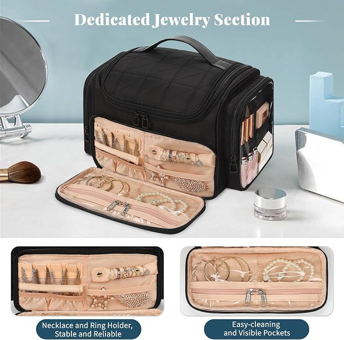 Large Makeup Bag with Jewelry Organizer, Travel Toiletry Bag for Women Girls with Makeup Brush Compartment & Two Side Pockets - XL Black - Image 3