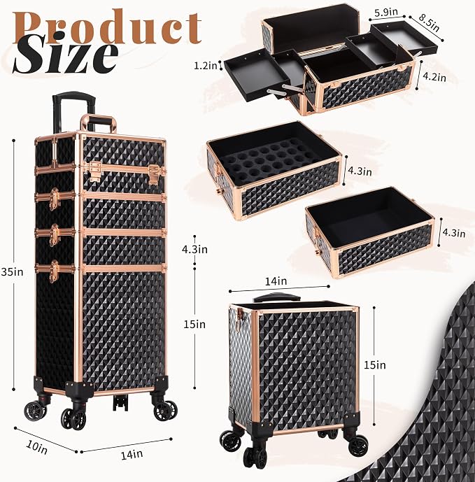AROUS Rolling Makeup Train Case 4 in 1 Cosmetology Case on Wheels Large Storage Cosmetic Trolley with Key Salon Barber Case Traveling Cart Trunk,Gold&Black - Image 3