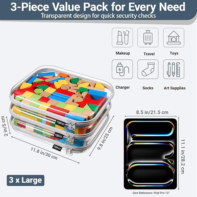 YQBRAO 3-Pack Large Clear Hard Shell Zipper Case, 1.2mm Ultra-Thick Rigid Toy & Closet Organizer, Heavy-Duty Diaper Bag Pouch Set with YKK Zippers, Waterproof Travel Storage (Gray) - Image 4