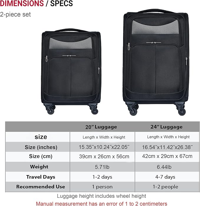 Merax Luggage Set Softshell 2 Piece 20/24 Expandable Suitcase with Wheels | Softside Lightweight Travel Carry on Luggage,Black - Image 2