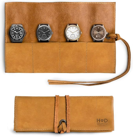 Hide & Drink, Leather Watch Roll Organizer Handmade from Full Grain Leather, Holds Up to 4 Watches, Easy Carry On Watchlover Storage (Old Tobacco) by HideDrink