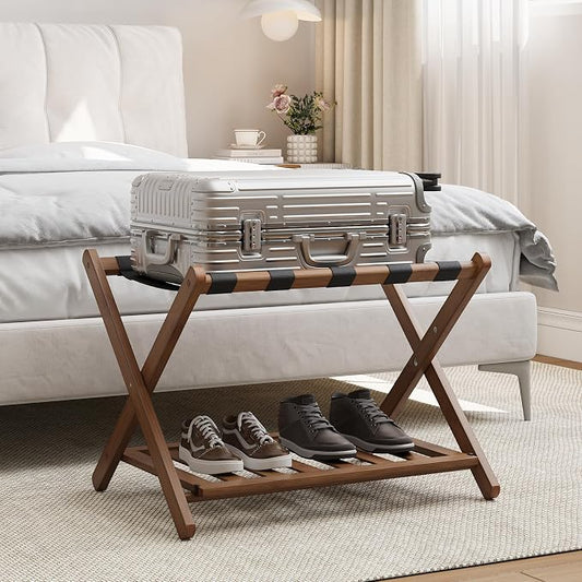 Smart FENDEE 26.77“ Fully Assembled Dark Walnut Luggage Racks with Folable Storage Shelf, 5 Heavy-Duty Straps Bamboo Suitcase Stand, Luggage Holders for Guest Room, Bedroom, Hotel by SmartFENDEE