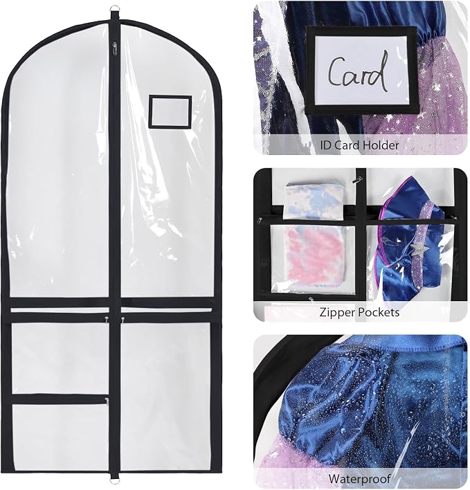Univivi Clear PVC Dance Costume Bag, 50 Inch Garment Bag for Competitions With 3 Separated Medium Zipper Pockets and 1 Large Back Zippered Pocket (Clear/Black) - Image 3