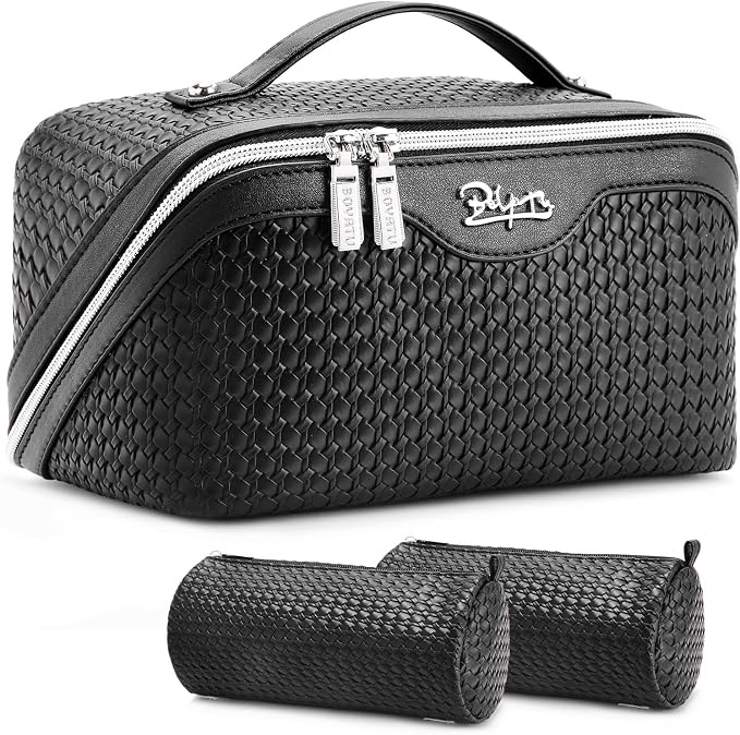 BOYATU Travel Makeup Bags for Women: Large Capacity Make up Bag with Wide Opening - 3 Pcs Set Waterproof Travel Toiletry Organizer for Full-Sized Bottles, Cosmetics & Brushes (Black-W) by BOYATU