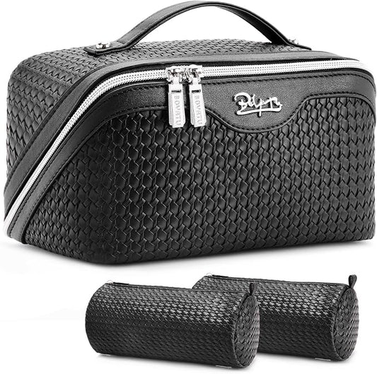 BOYATU Travel Makeup Bags for Women: Large Capacity Make up Bag with Wide Opening - 3 Pcs Set Waterproof Travel Toiletry Organizer for Full-Sized Bottles, Cosmetics & Brushes (Black-W) by BOYATU