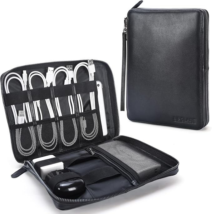 Polare Full Grain Leather Travel Cable Organizer Case Electronics Accessories Carry Bag with YKK Zippers Tech Storage Bag for Cables, Power Bank, USB, SD Card, Travel Essentials by polareoriginal