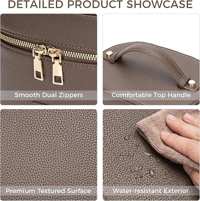 BAGOK Leather Vanity Case Makeup Bag with Removable Divider, Washable Compartments, Dual Zipper & Carry Handle – Travel Toiletry Organizer for Women - Image 4