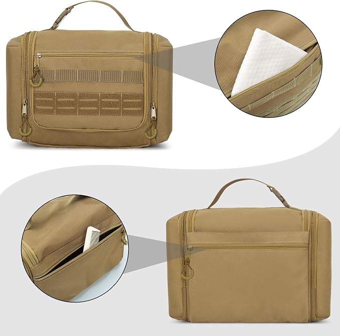 Tactical Toiletry Travel Bag for Men, Hanging Dopp Kit Hygiene Bag Shower Organizer with Hook for Toiletries and Shaving Care, Khaki (Empty Bag) - Image 4